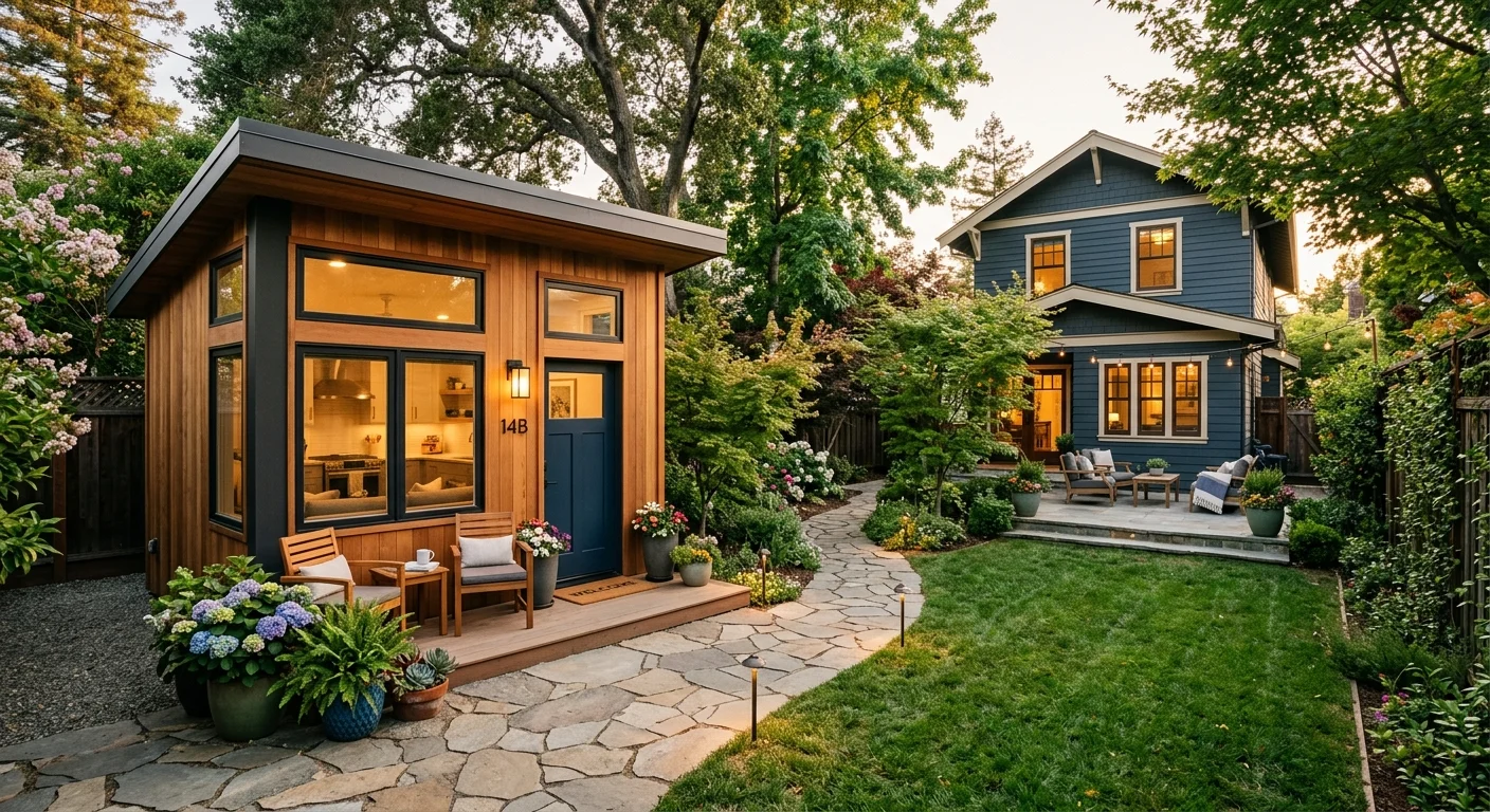 Cedar ADU unit with large windows and warm lighting at dusk beside a blue Craftsman primary home, connected by a flagstone path through a lush backyard garden