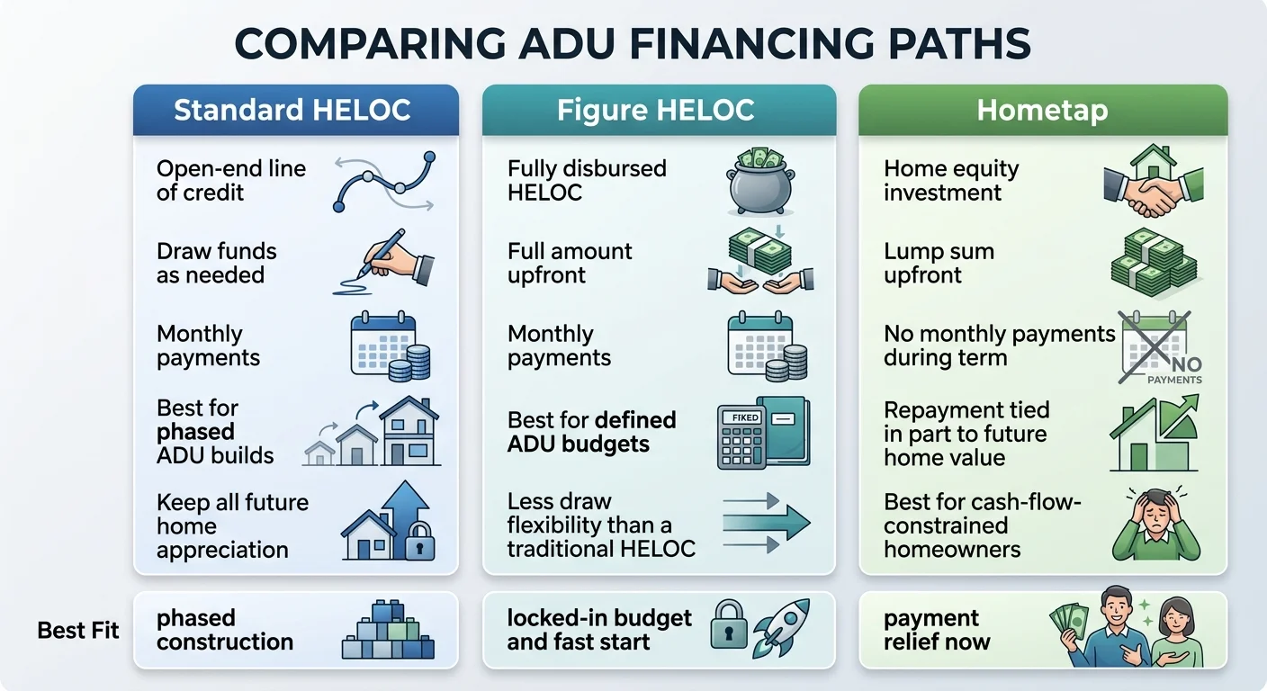 Infographic comparing ADU financing paths: Standard HELOC for phased construction, Figure HELOC for locked-in budgets, and Hometap for payment relief