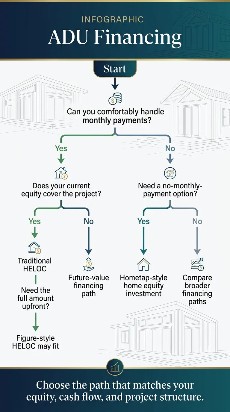 ADU financing decision flowchart: if you can handle monthly payments and equity covers the project, go Traditional HELOC or Figure HELOC; if not, go Hometap-style HEI or future-value financing path
