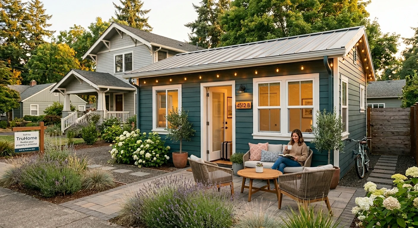 Completed ADU — teal board-and-batten backyard cottage with string lights, front porch seating, and lush lavender garden at dusk, numbered 4512 B