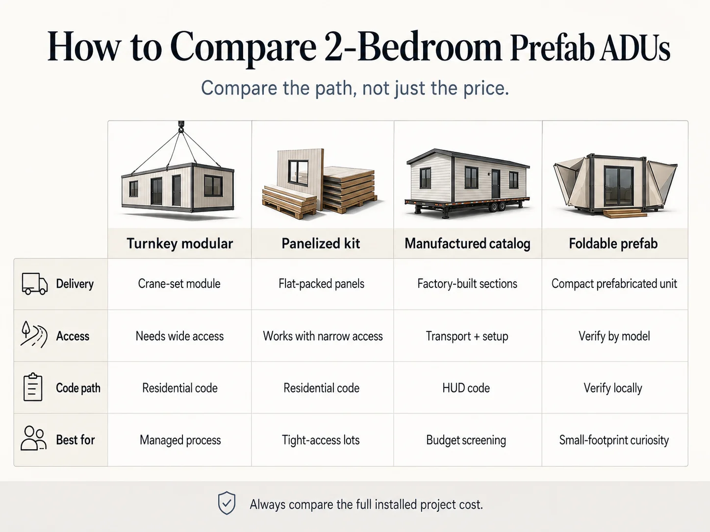 2 bedroom prefab ADU models compared by type: turnkey modular, panelized kit, manufactured HUD-code, and foldable prefab — comparing delivery method, access requirements, code path, and ideal use case