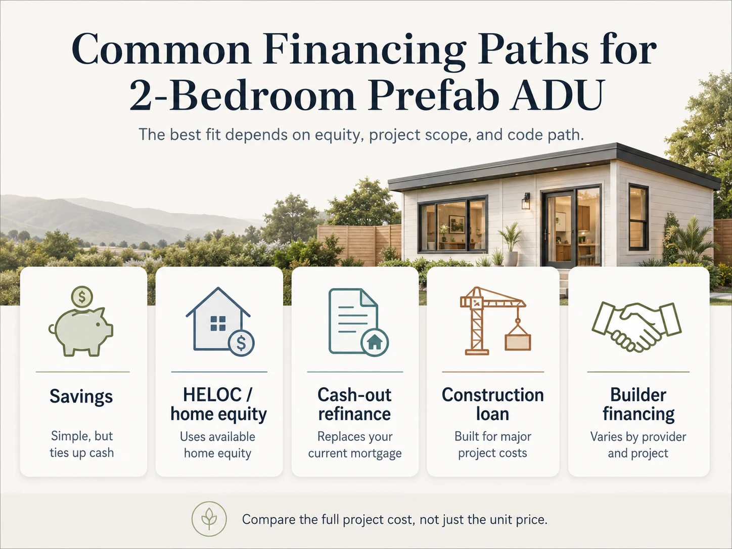 Common financing paths for a 2-bedroom prefab ADU: savings, HELOC and home equity loan, cash-out refinance, construction-to-permanent loan, renovation loan, and manufacturer financing — compare based on full project cost not just monthly payment