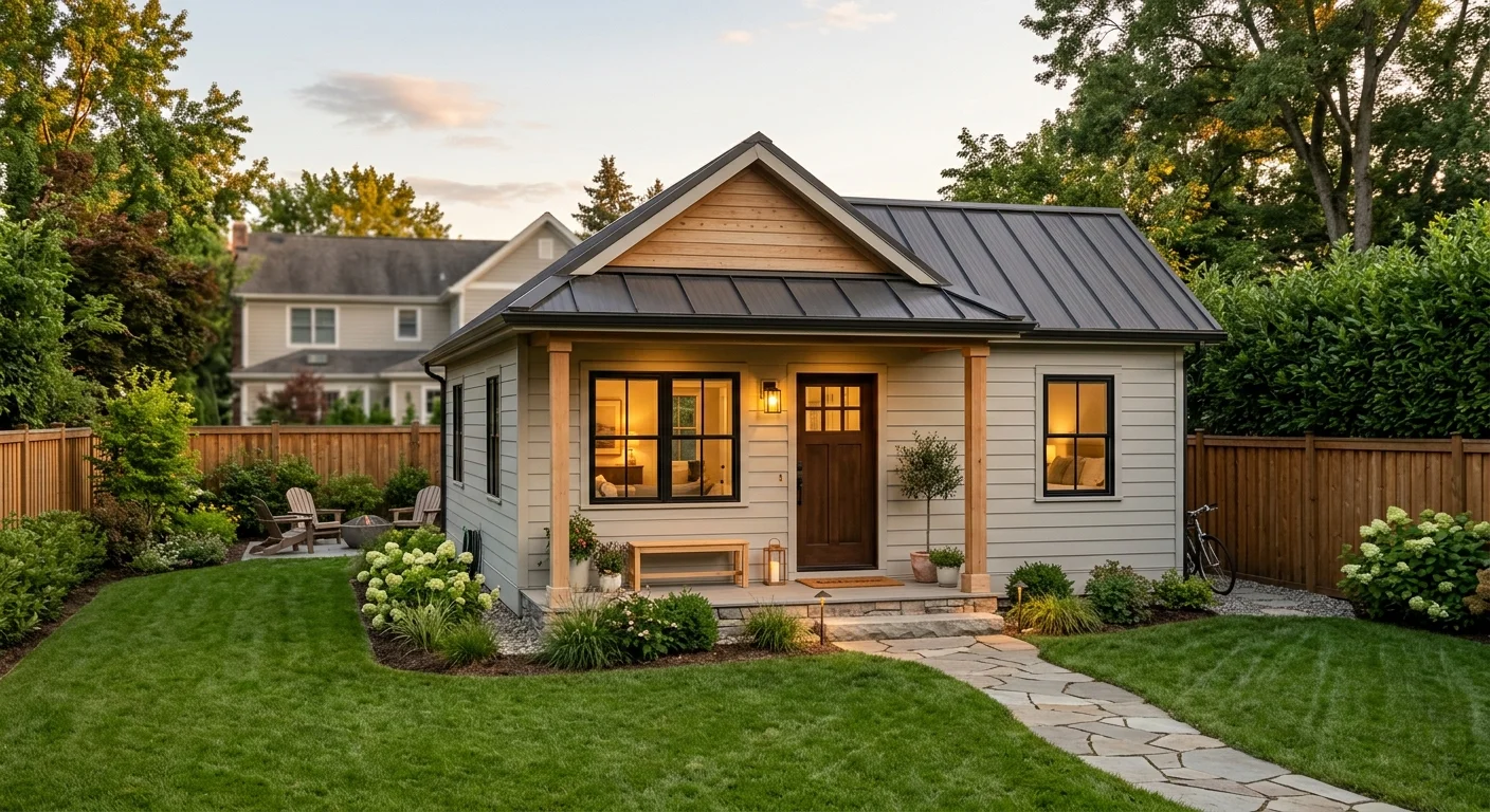 500 sq ft backyard cottage ADU — farmhouse-style exterior with metal roof, covered porch, stone walkway, and lush landscaping at dusk