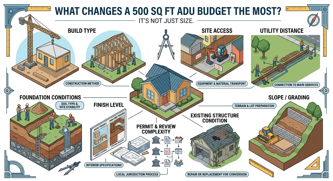 Infographic showing factors that change a 500 sq ft ADU budget the most: build type, site access, utility distance, foundation conditions, finish level, permit complexity, existing structure condition, and slope