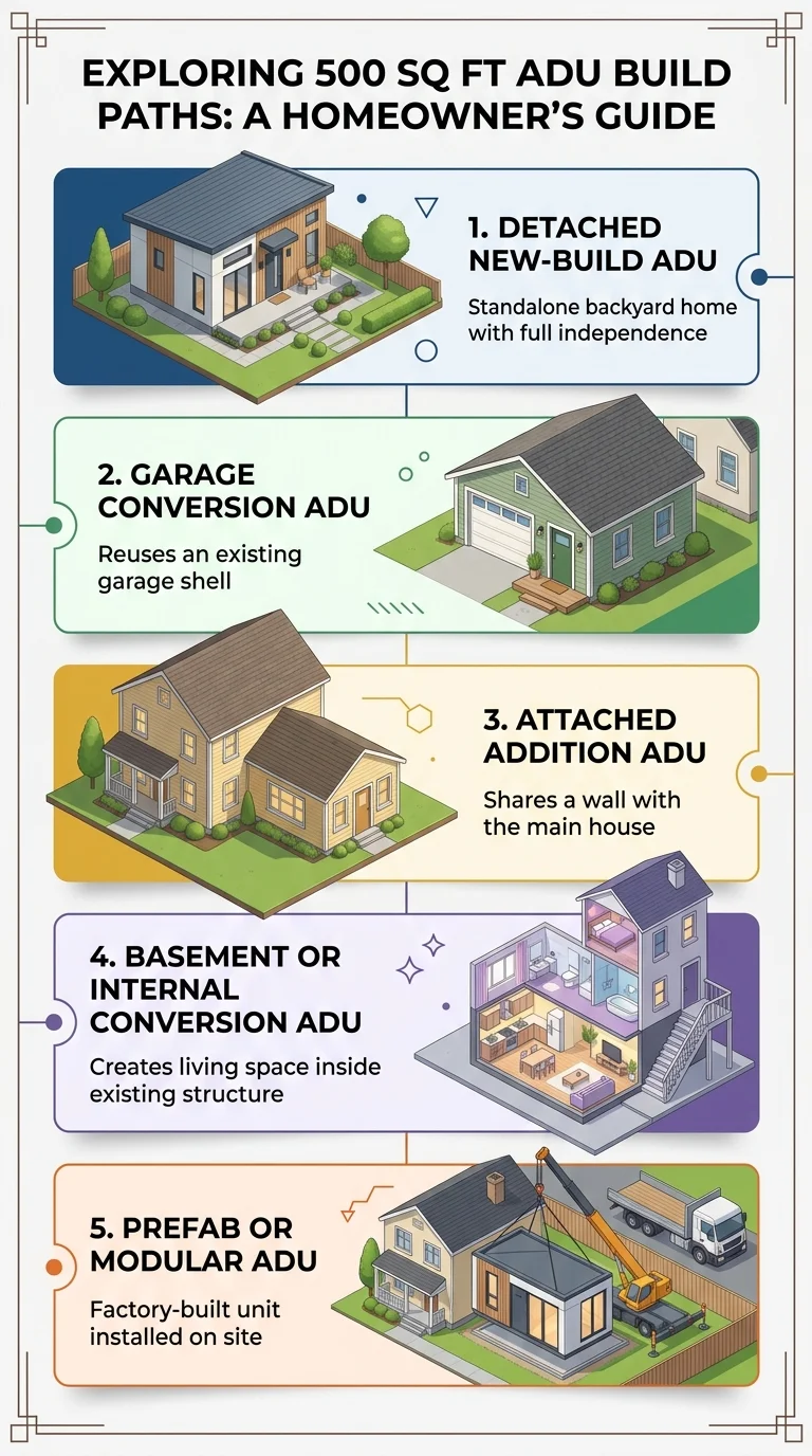 Infographic showing 5 ADU build paths: detached new-build, garage conversion, attached addition, basement conversion, and prefab modular