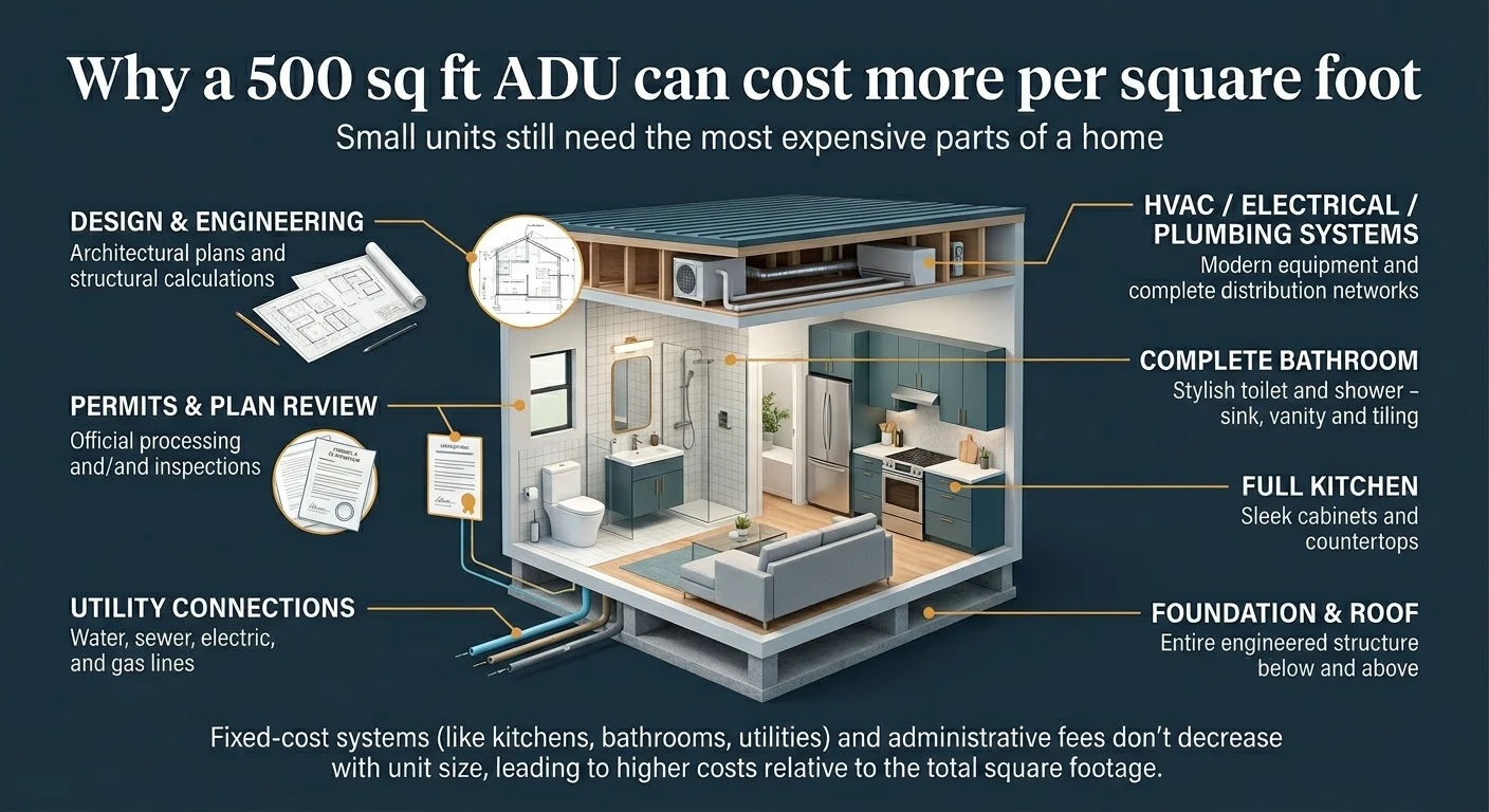 Infographic showing why a 500 sq ft ADU costs more per square foot — fixed costs like HVAC, plumbing, kitchen, bathroom, foundation, and permits don't shrink with unit size