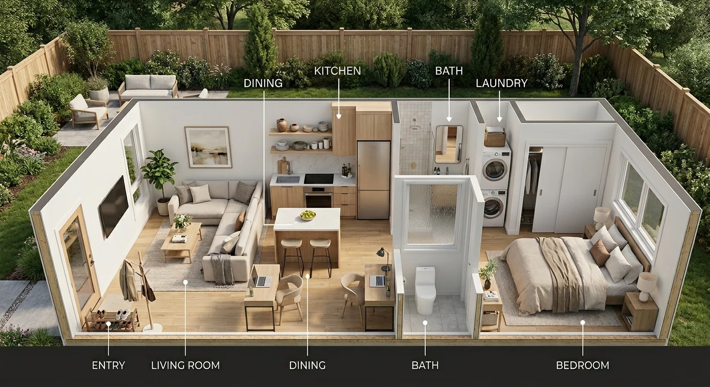 Aerial view of a 500 sq ft one-bedroom ADU floor plan showing living room, dining, kitchen, bathroom with laundry, and bedroom — fully furnished