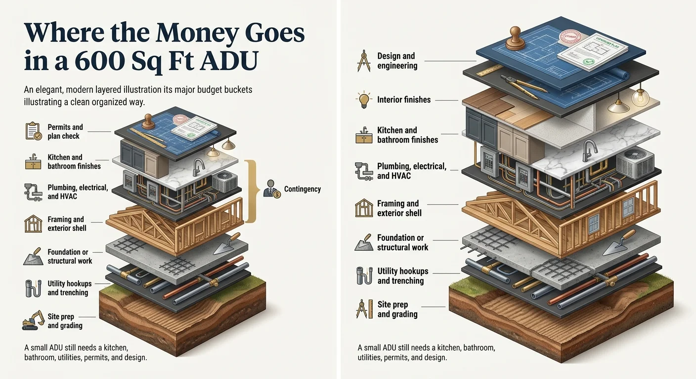 Exploded diagram showing where the money goes in a 600 sq ft ADU: permits, kitchen and bathroom, plumbing and electrical, framing, foundation, utility hookups, and site prep — each layer illustrated separately