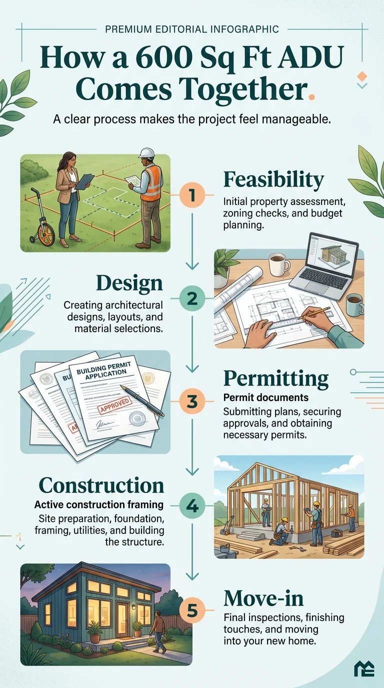 Infographic showing the 5-step process to build a 600 sq ft ADU: feasibility, design, permitting, construction, and move-in — with illustrations for each phase