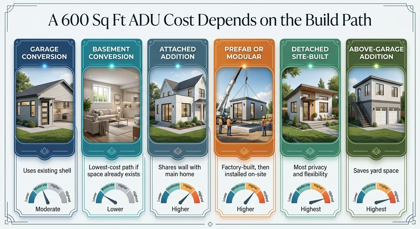 Infographic comparing six 600 sq ft ADU build paths by cost level: garage conversion (moderate), basement conversion (lower), attached addition (higher), prefab modular (higher), detached site-built (highest), above-garage addition (highest)