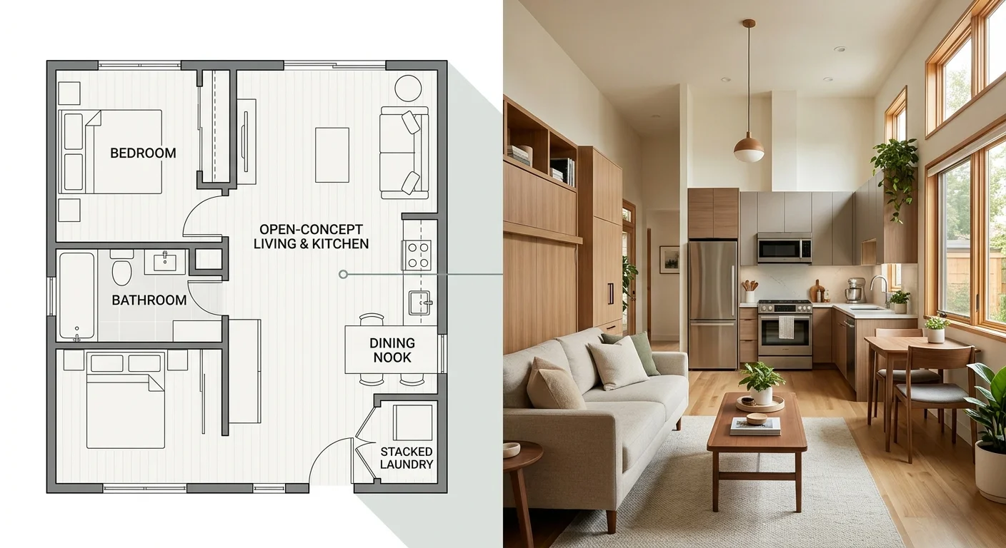 600 sq ft ADU floor plan showing bedroom, bathroom, open-concept living and kitchen, and dining nook — alongside interior photo of the bright, modern finished space