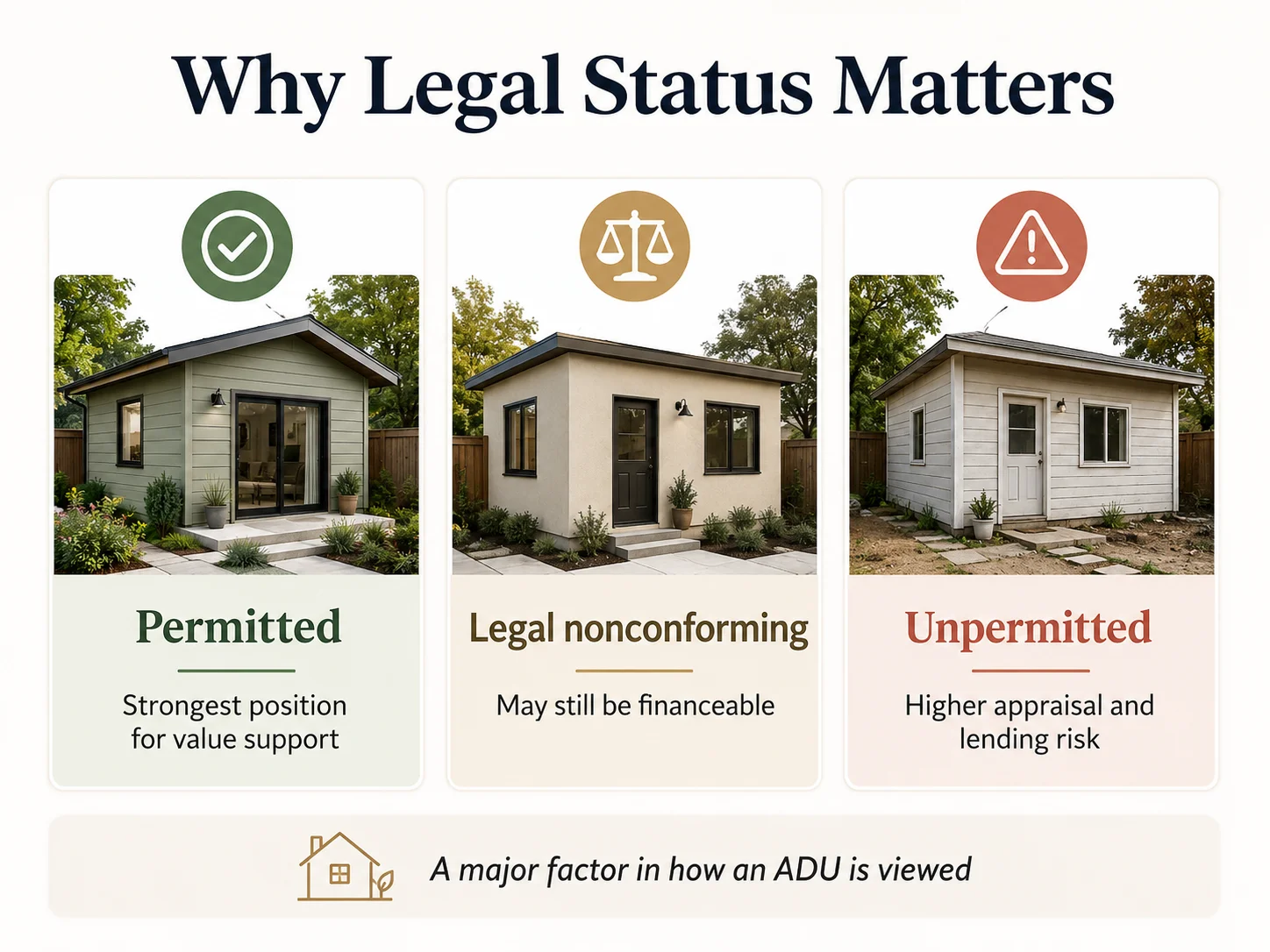ADU permit-status decision tree: legal, legal nonconforming, unpermitted, illegal use
