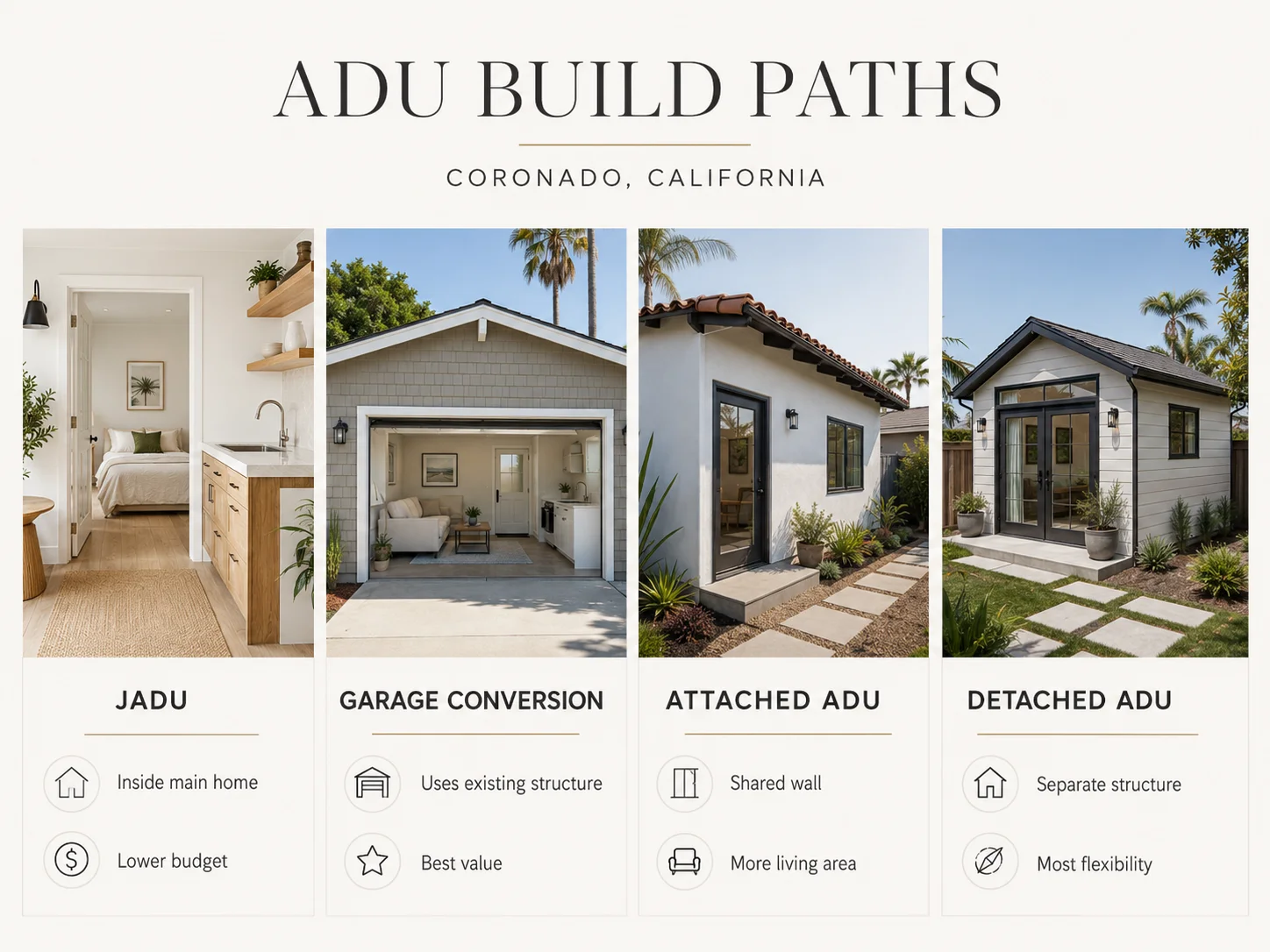Coronado ADU Build Paths infographic showing JADU, Garage Conversion, Attached ADU, and Detached ADU options with cost ranges