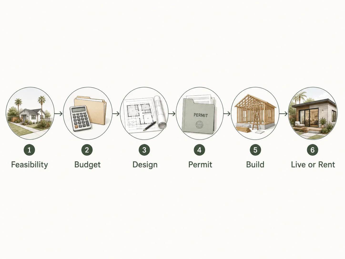 Coronado ADU build process infographic showing 6 steps: Feasibility, Budget, Design, Permit, Build, Live or Rent