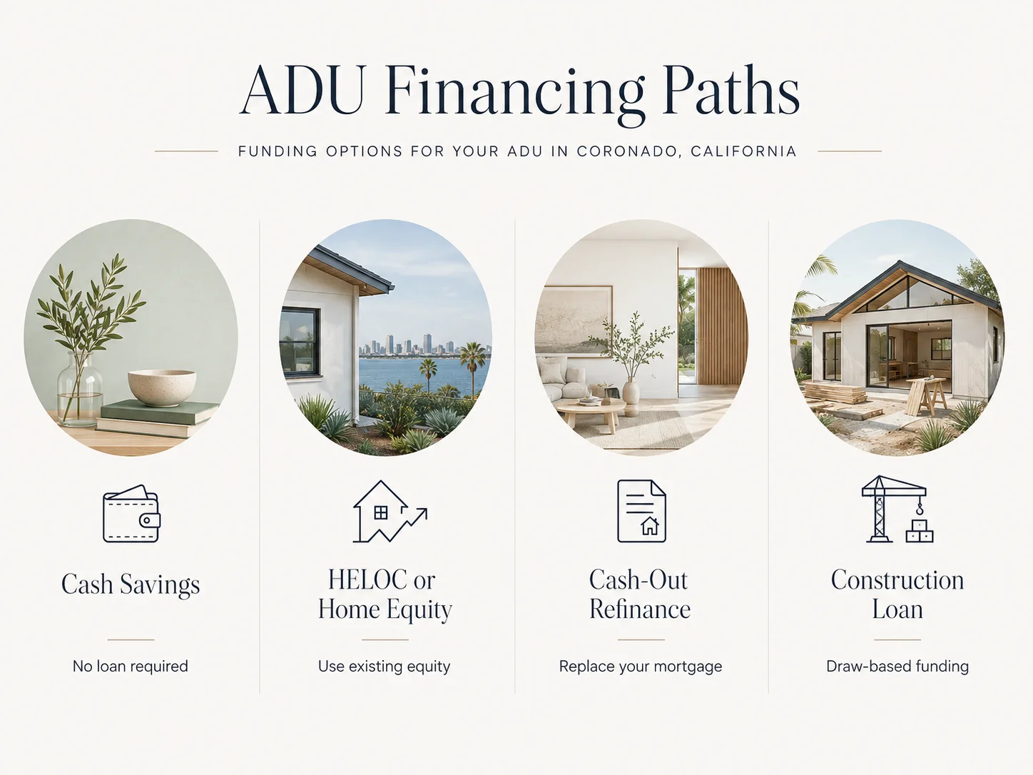 ADU Financing Paths infographic for Coronado homeowners: Cash Savings, HELOC, Cash-Out Refinance, and Construction Loan options