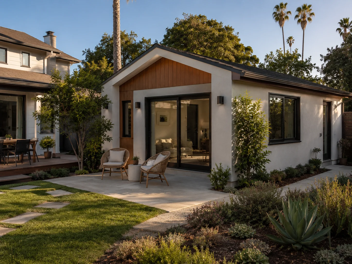 Detached ADU backyard example in Del Mar, California showing setback compliance and coastal landscaping