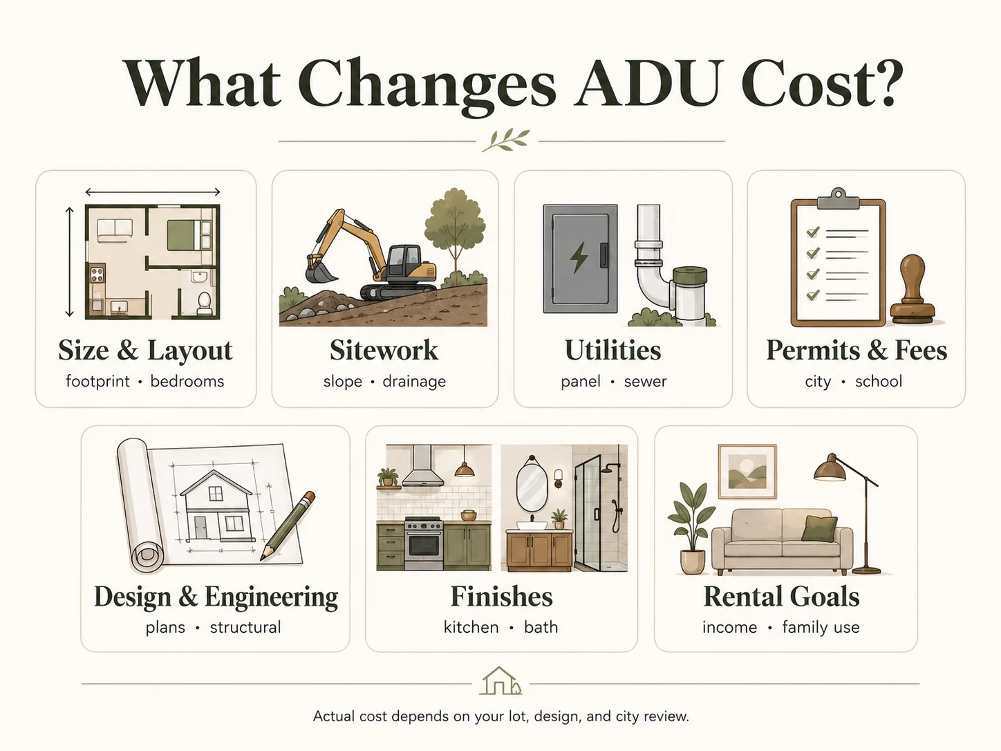 Infographic showing the five factors that change ADU cost in Escondido