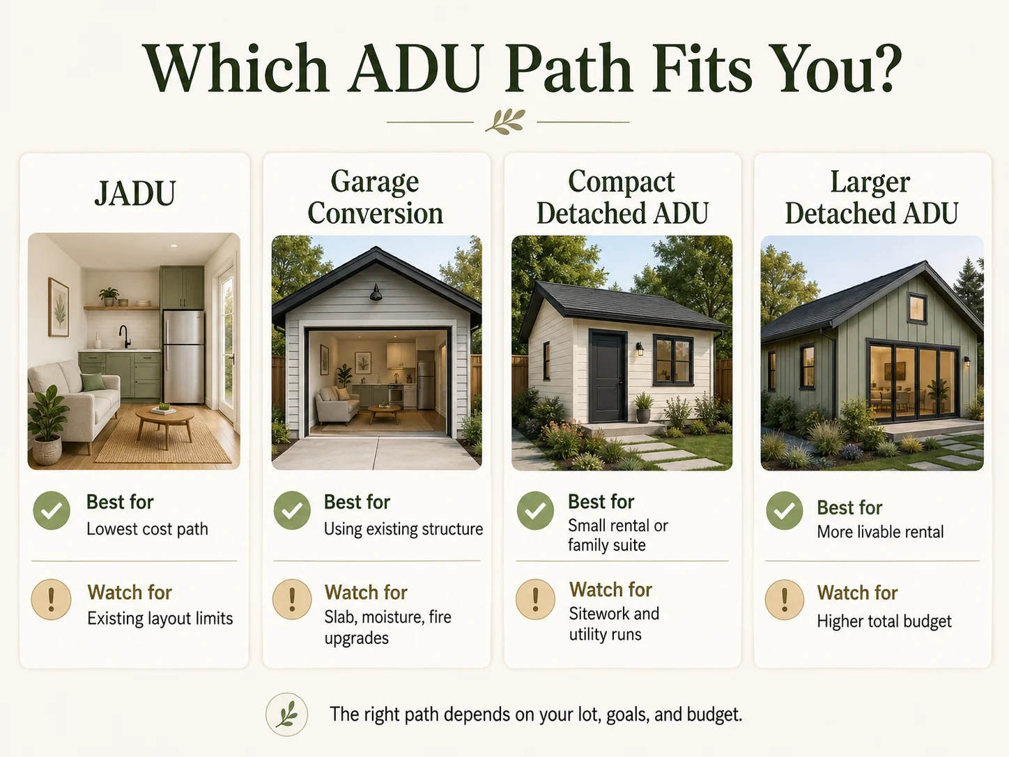 Infographic showing which ADU path fits different Escondido homeowner goals
