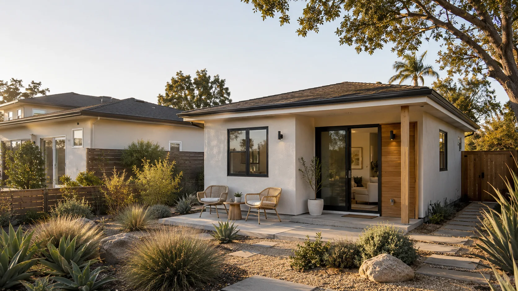 Modern detached PRADU accessory dwelling unit in a San Marcos, California backyard