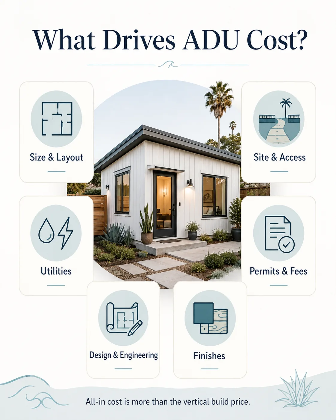 What Drives ADU Cost in Oceanside — infographic showing key cost variables