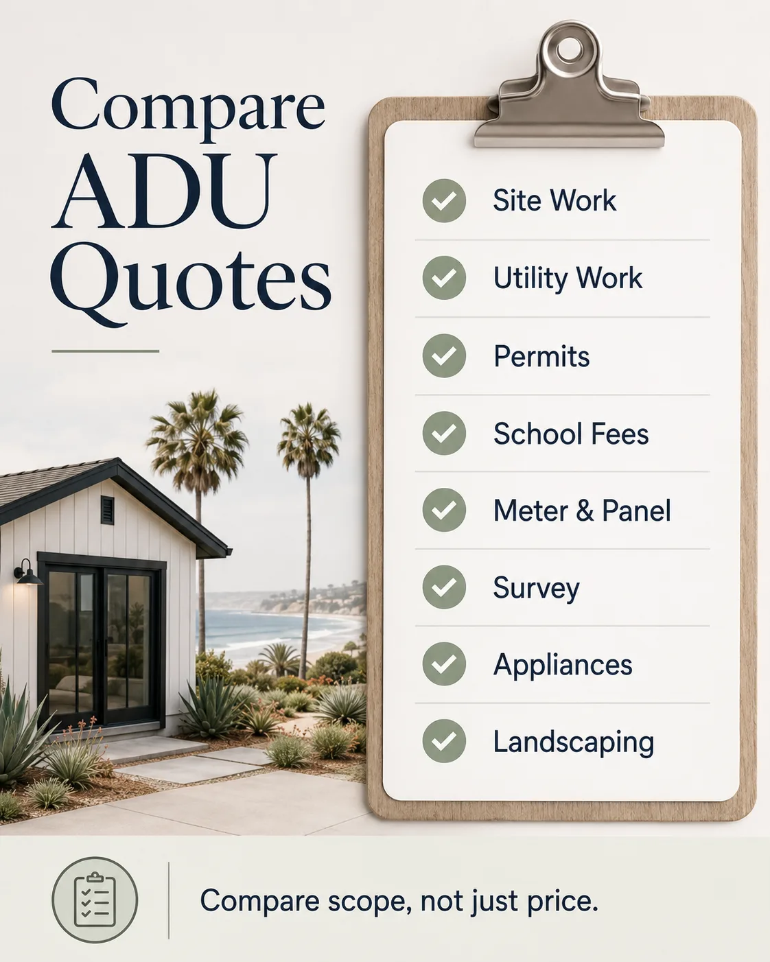Compare ADU Quotes checklist — scope items to verify with every Oceanside builder