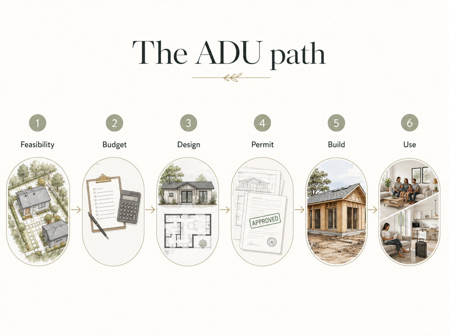 The 6-step RSF ADU process: feasibility, design, Art Jury, permits, construction, CO — with typical timelines at each stage