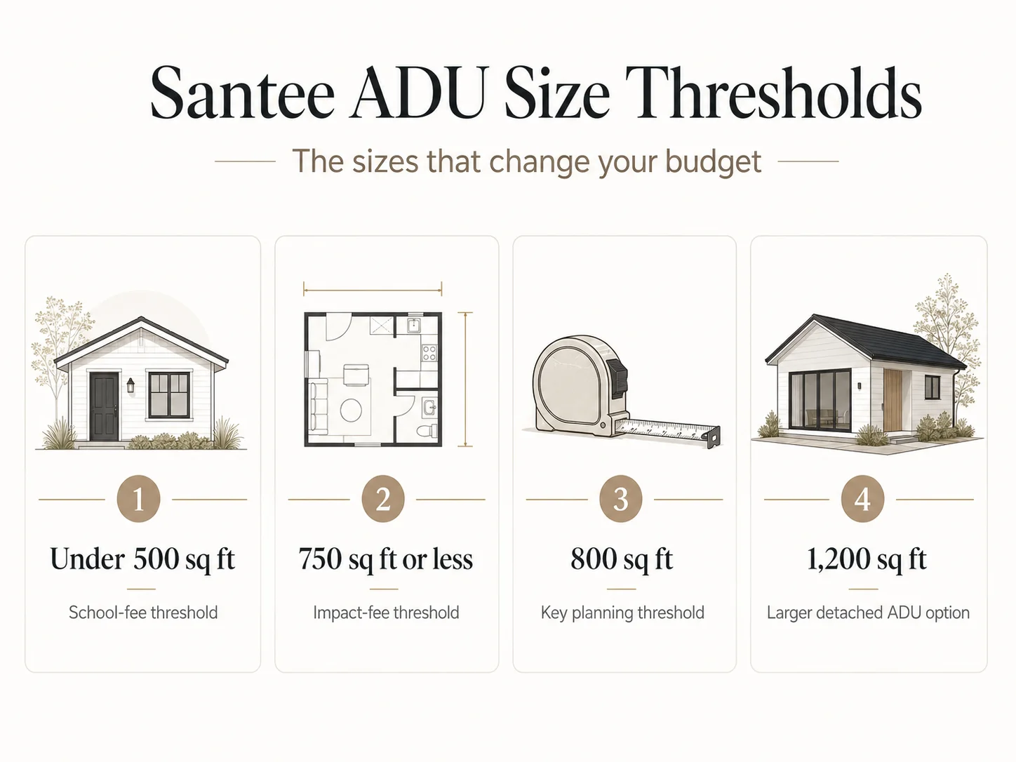 Santee ADU size thresholds: 500 sq ft school-fee exemption, 750 sq ft impact-fee exemption, 800 sq ft limited-requirements track, 1,200 sq ft maximum size