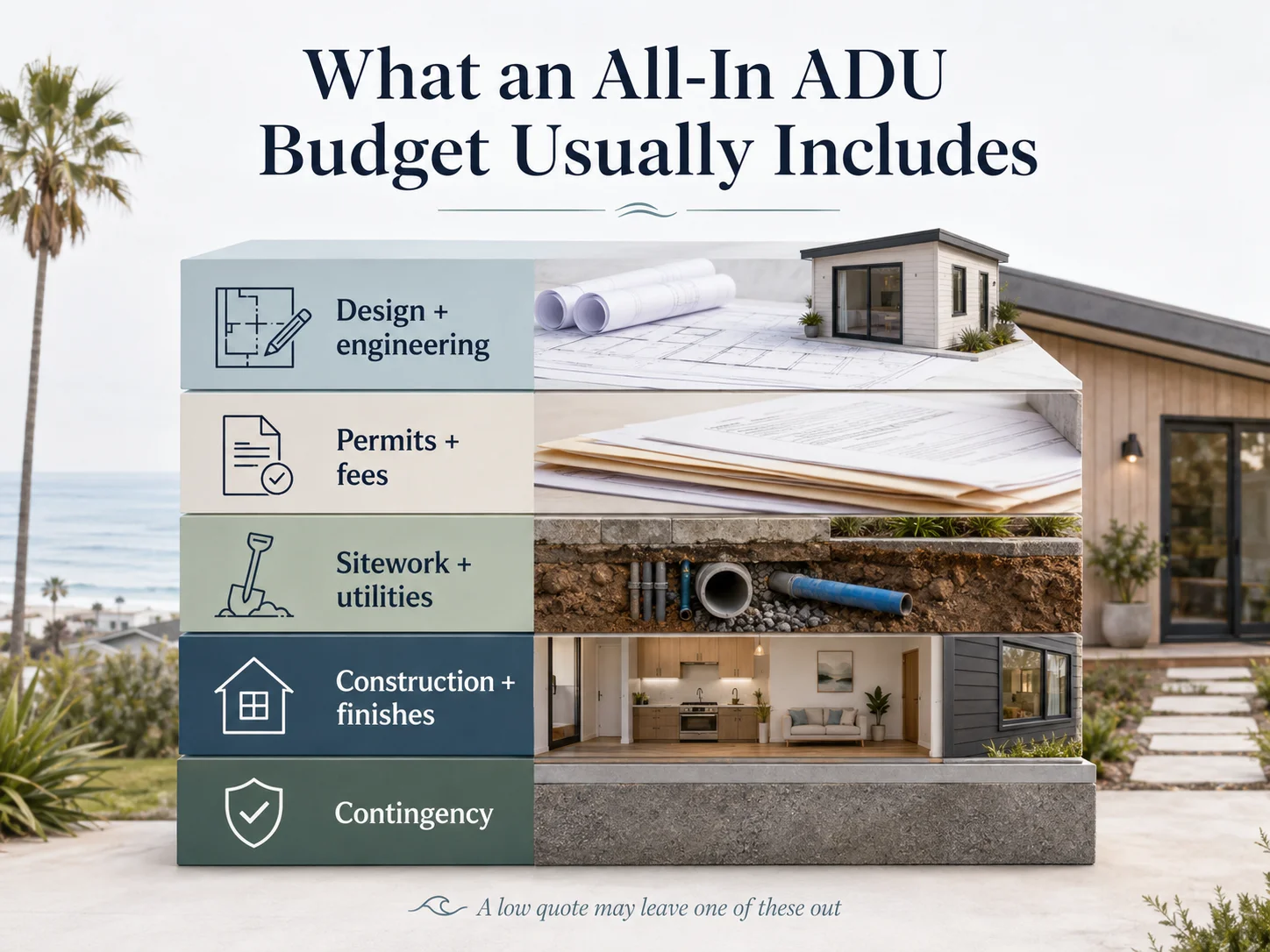 What an all-in ADU budget in Solana Beach usually includes: design + engineering, permits + fees, sitework + utilities, construction + finishes, and contingency