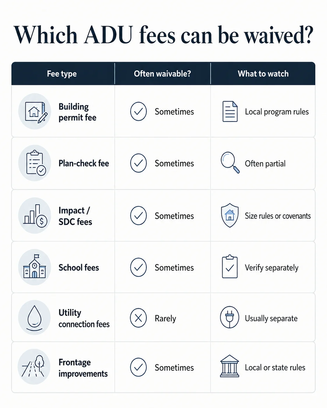 Infographic showing which ADU fee types can be waived — permit, impact, SDC, school, and utility fees