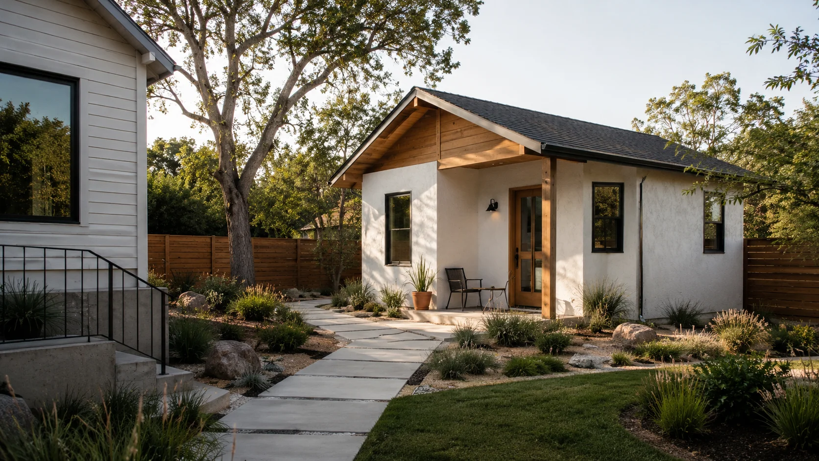 California ADU in a residential backyard — example of a completed detached ADU that triggers only partial property tax reassessment under Proposition 13.