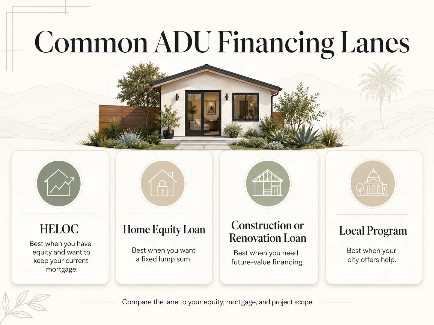 Common ADU financing lanes — HELOC, home equity loan, construction or renovation loan, and local program — compared by best fit.
