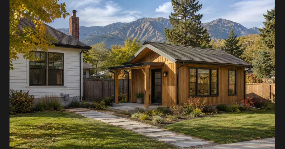 Detached ADU behind a single-family home in Colorado with Front Range mountain backdrop
