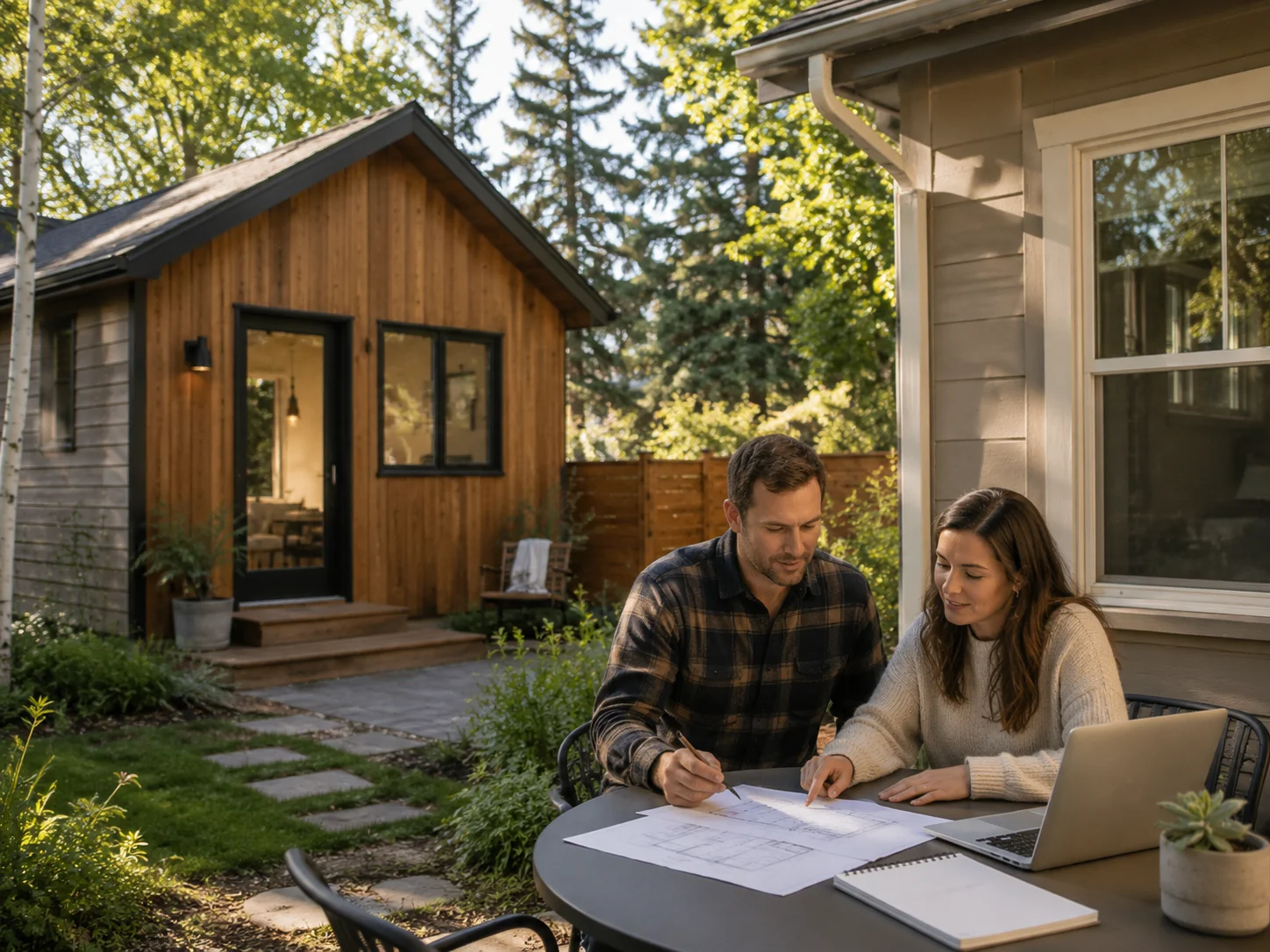 Couple reviewing Colorado ADU financing plans and loan documents
