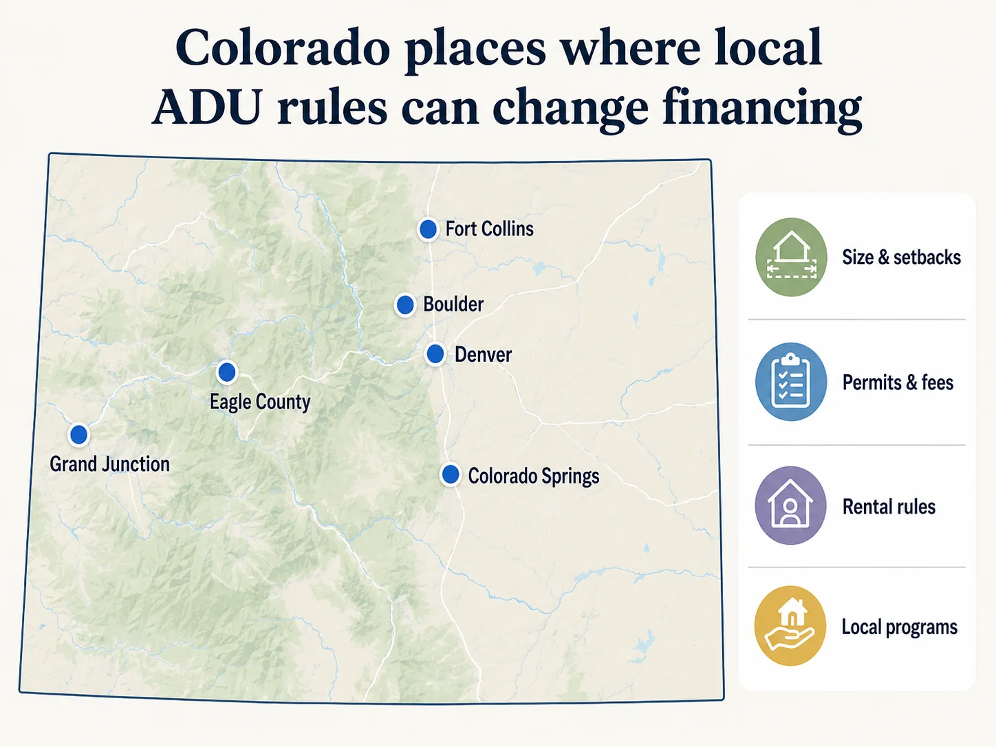 Colorado cities and counties with distinct ADU financing rules — Denver, Boulder, Fort Collins, Colorado Springs, Grand Junction, Eagle County