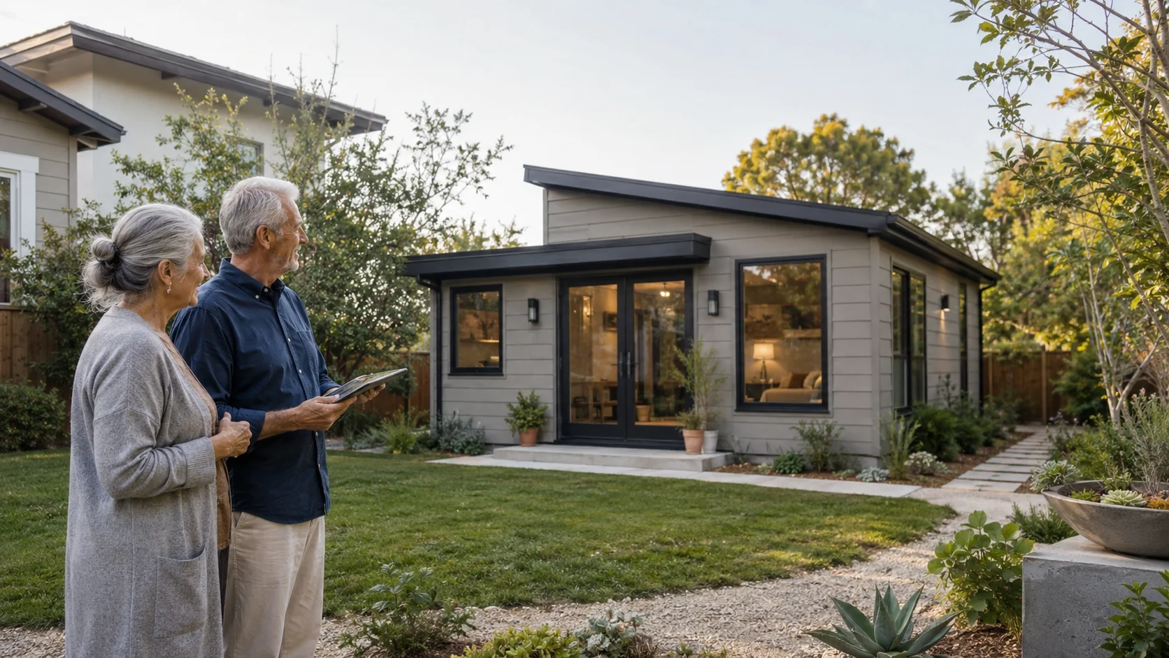 Retired couple reviewing ADU plans beside a detached backyard ADU in a suburban garden