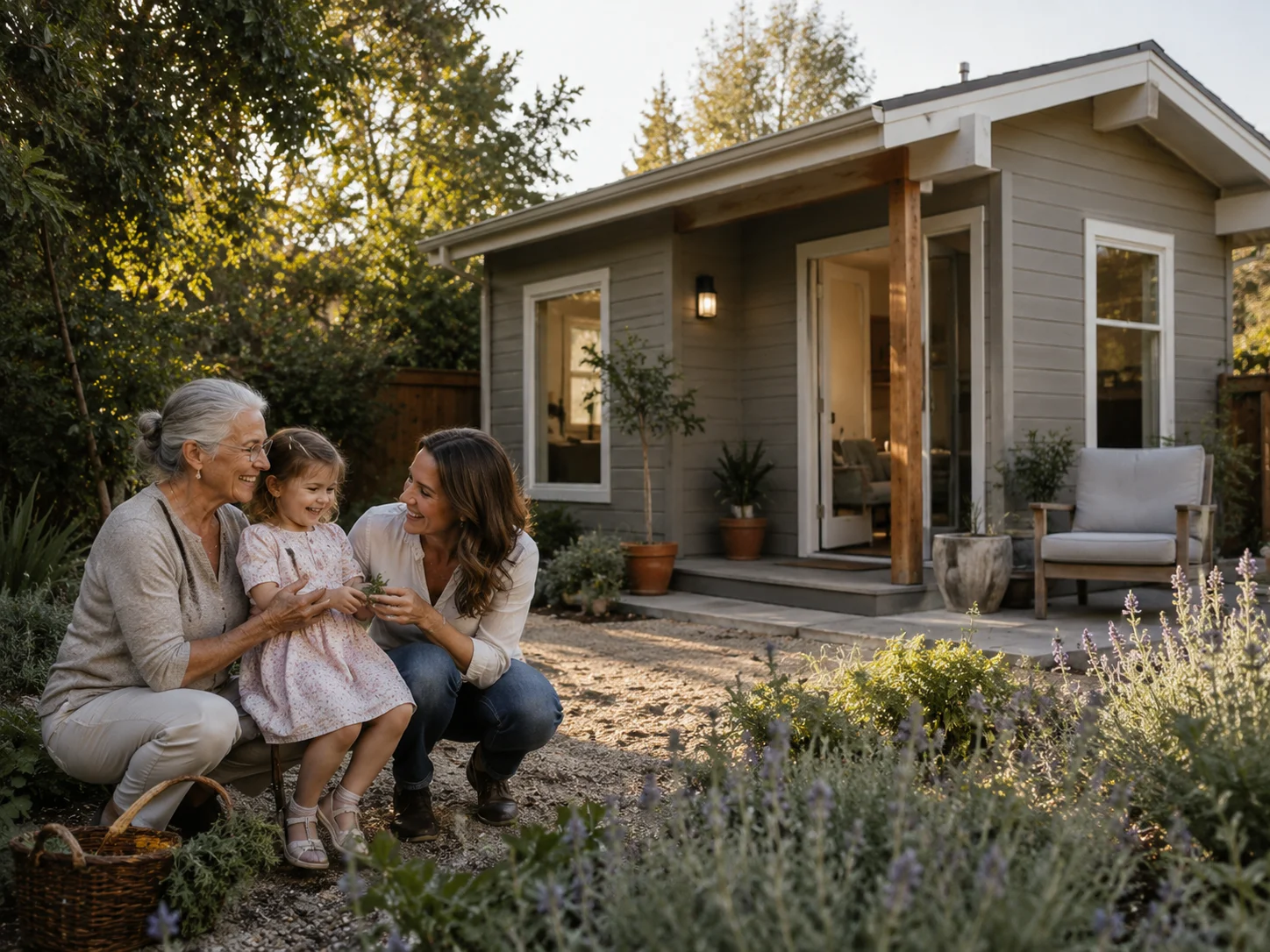 Multigenerational family — grandmother, adult daughter, and granddaughter — enjoying a backyard ADU