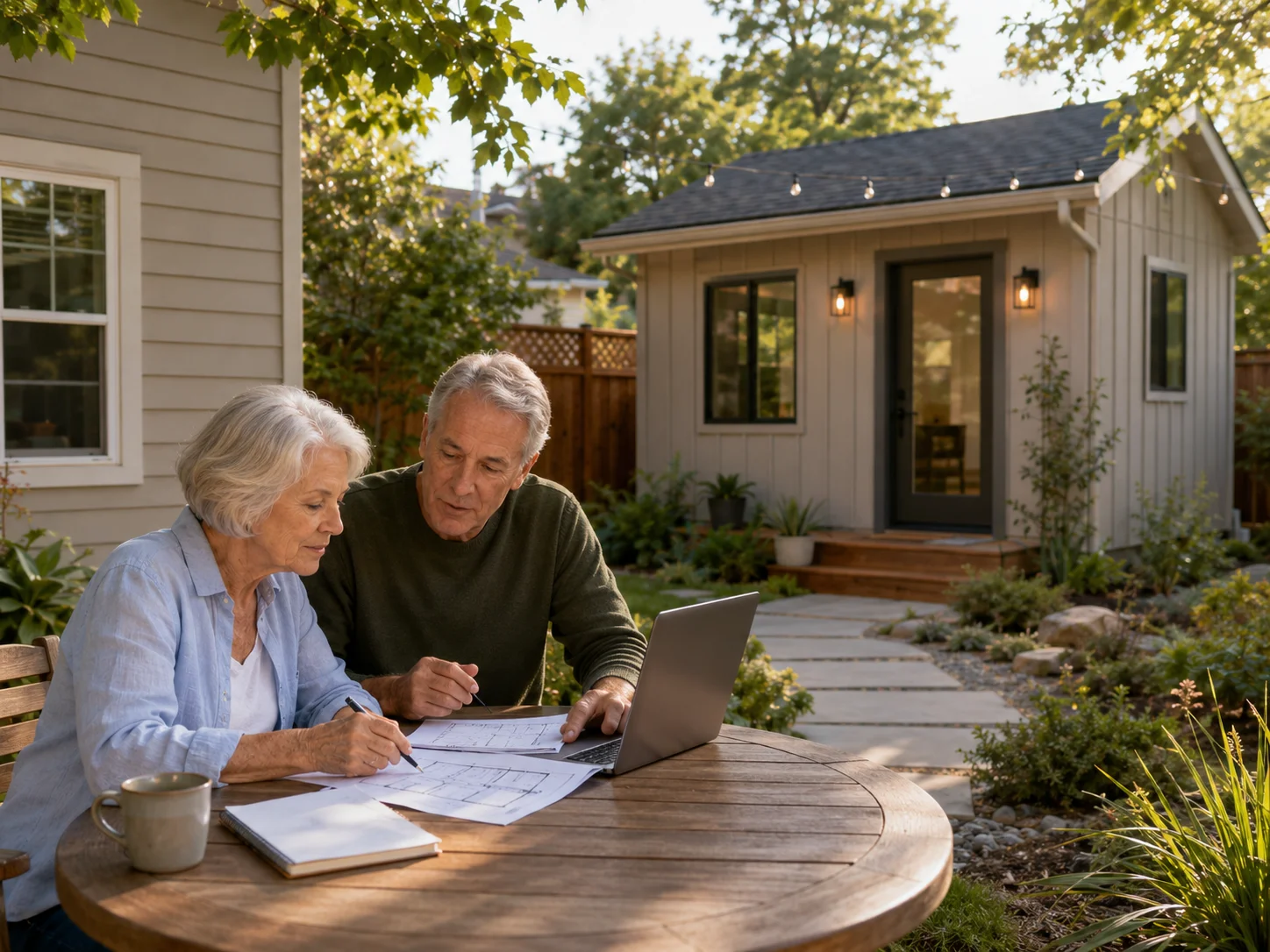 Senior couple reviewing ADU financing plans and options on a laptop at an outdoor table in front of their backyard ADU