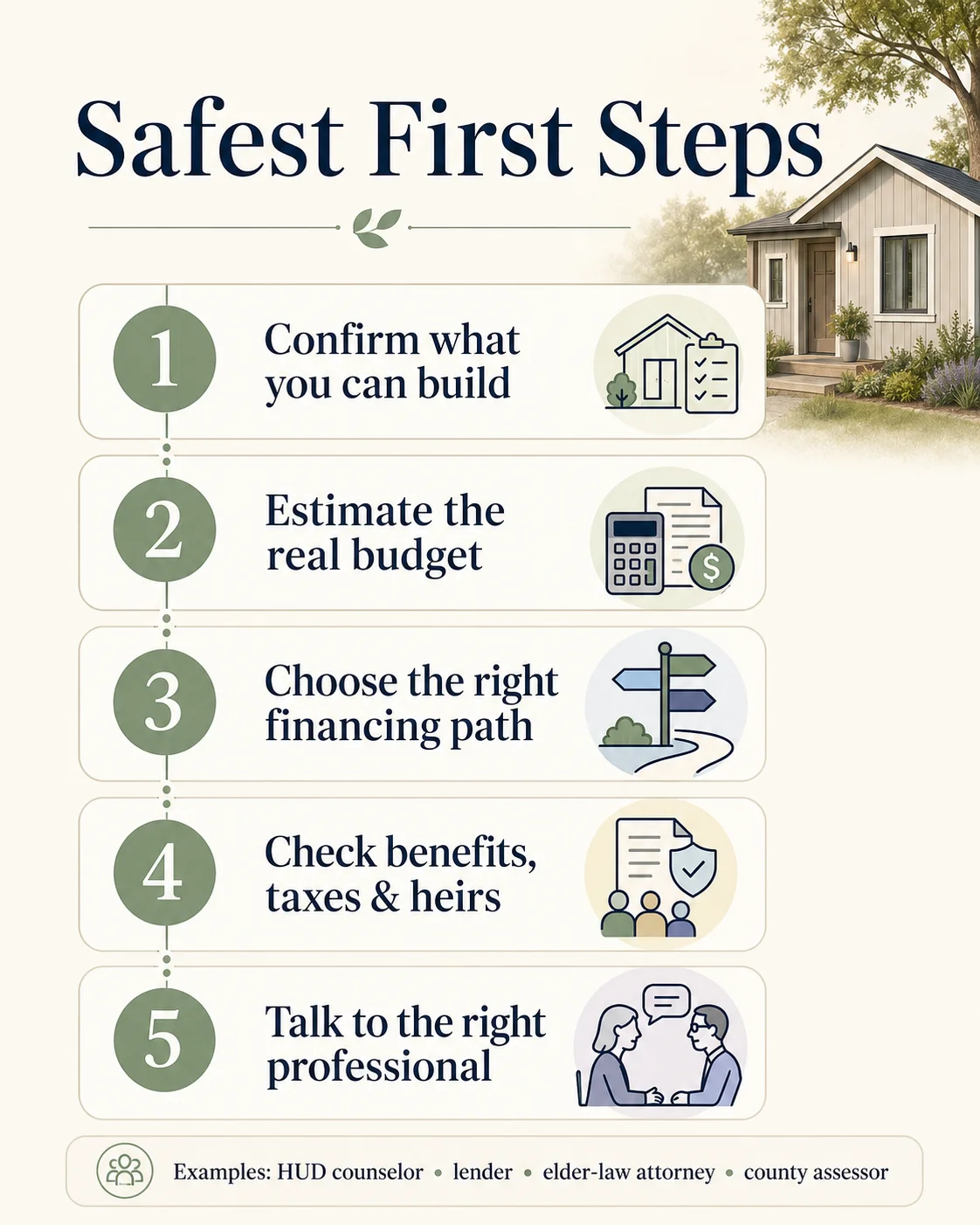 Safest first steps for senior ADU financing: 1. Confirm what you can build, 2. Estimate the real budget, 3. Choose the right financing path, 4. Check benefits, taxes and heirs, 5. Talk to the right professional