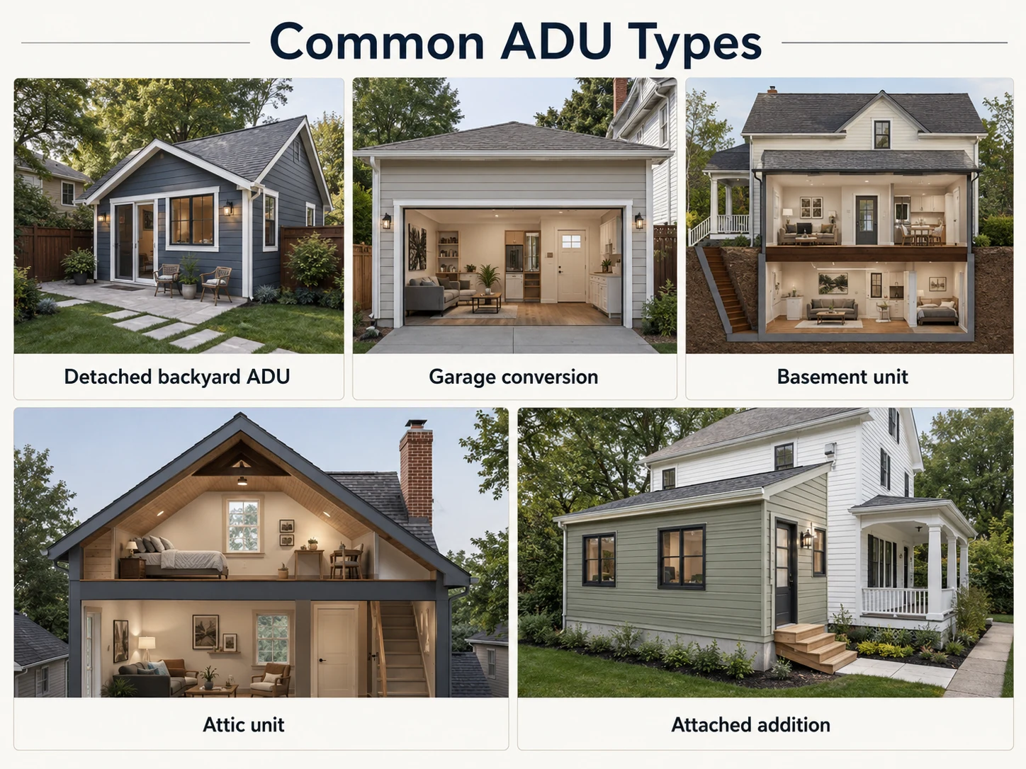 Five ADU types compared: detached backyard ADU, garage conversion, basement unit, attic unit, and attached addition