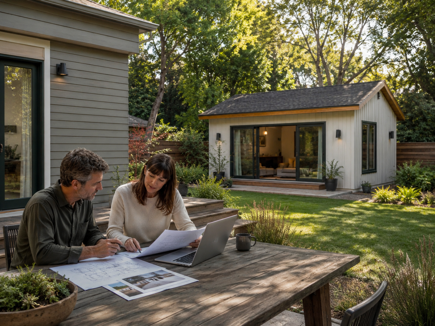 Completed detached ADU at dusk in a residential neighborhood