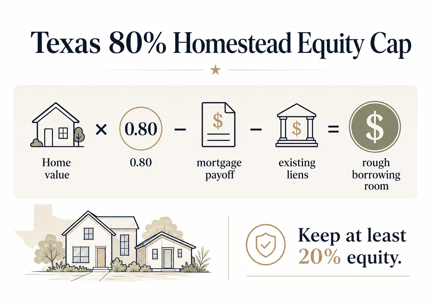 Texas 80% homestead equity cap infographic: home value × 0.80 − mortgage payoff − existing liens = rough borrowing room. Keep at least 20% equity.