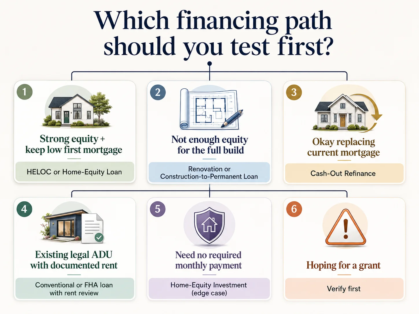 Which Washington ADU financing path should you test first — decision tree infographic
