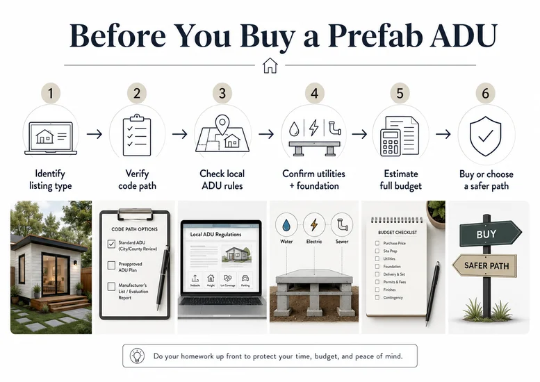 Before you buy a prefab ADU: 6 steps from identifying listing type to buying or choosing a safer path.