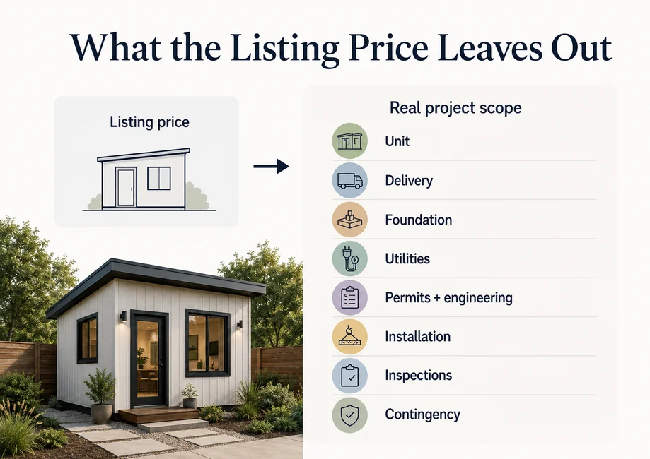 What the listing price leaves out: unit, delivery, foundation, utilities, permits and engineering, installation, inspections, contingency.
