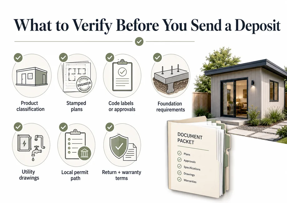 What to verify before you send a deposit: product classification, stamped plans, code labels or approvals, foundation requirements, utility drawings, local permit path, return and warranty terms.