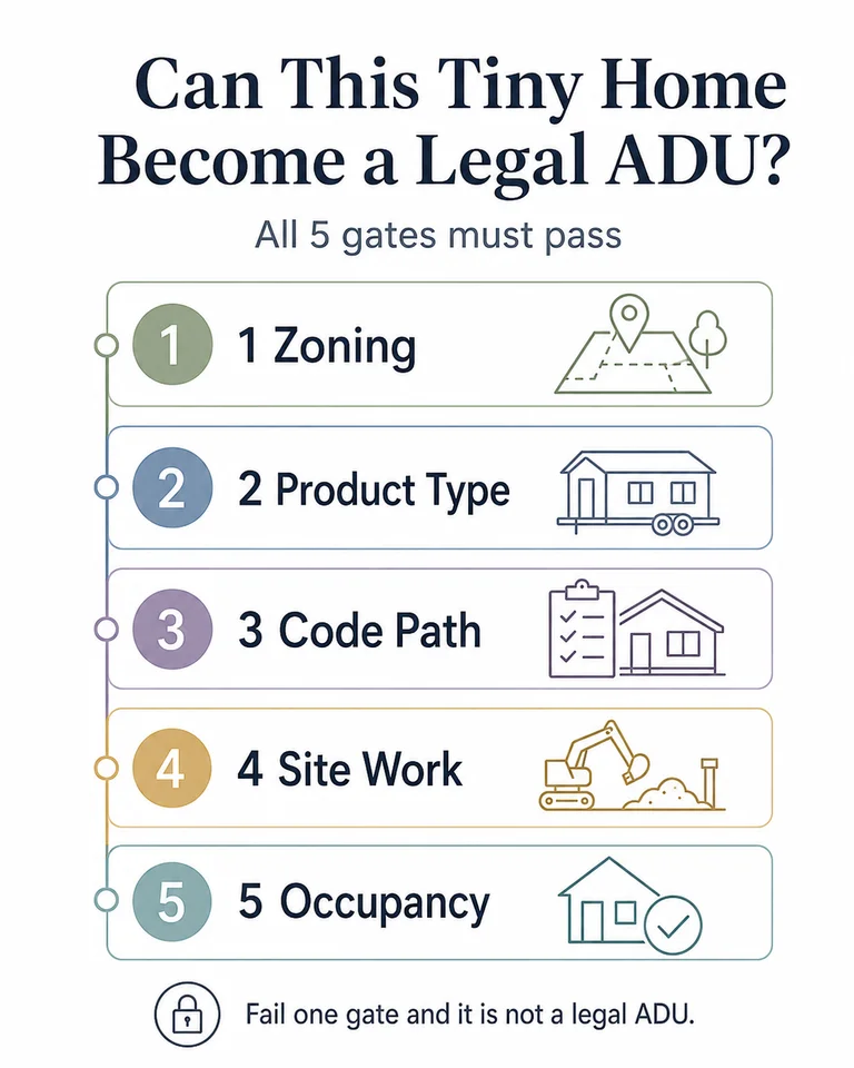 Can this tiny home become a legal ADU? All 5 gates must pass: 1 Zoning, 2 Product Type, 3 Code Path, 4 Site Work, 5 Occupancy. Fail one gate and it is not a legal ADU.