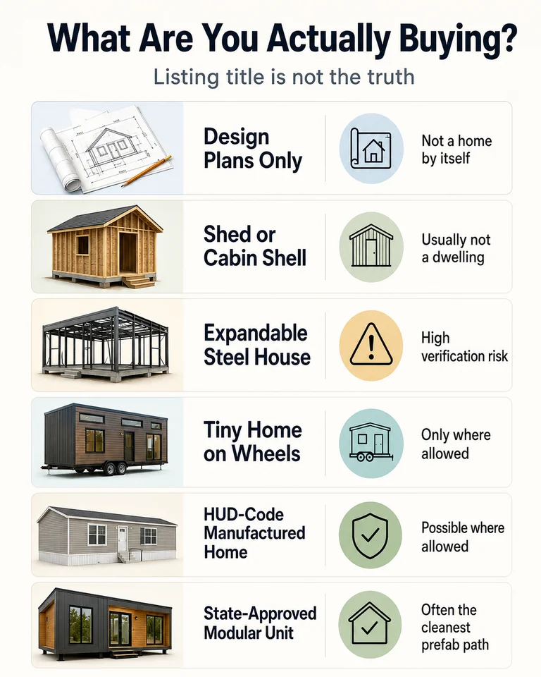 What are you actually buying? Six product types decoded: Design Plans Only (not a home by itself), Shed or Cabin Shell (usually not a dwelling), Expandable Steel House (high verification risk), Tiny Home on Wheels (only where allowed), HUD-Code Manufactured Home (possible where allowed), State-Approved Modular Unit (often the cleanest path).