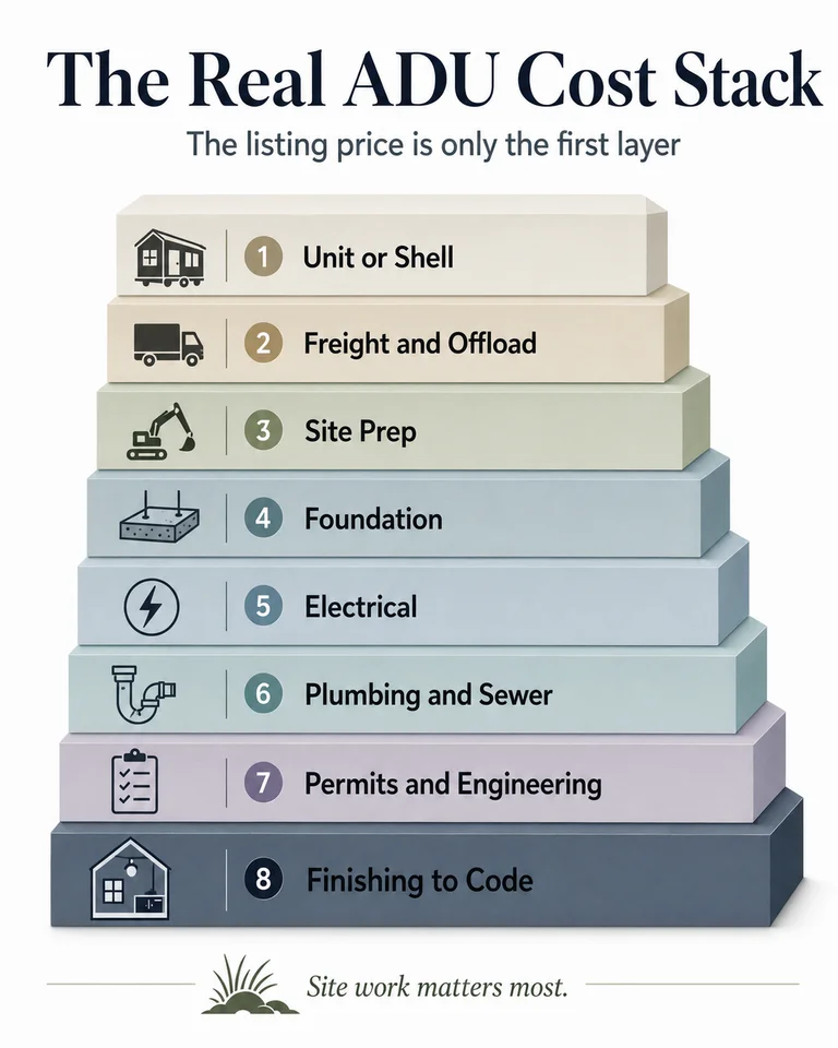 The real ADU cost stack: 8 layers from unit or shell at the top to finishing to code at the base. The listing price is only the first layer.