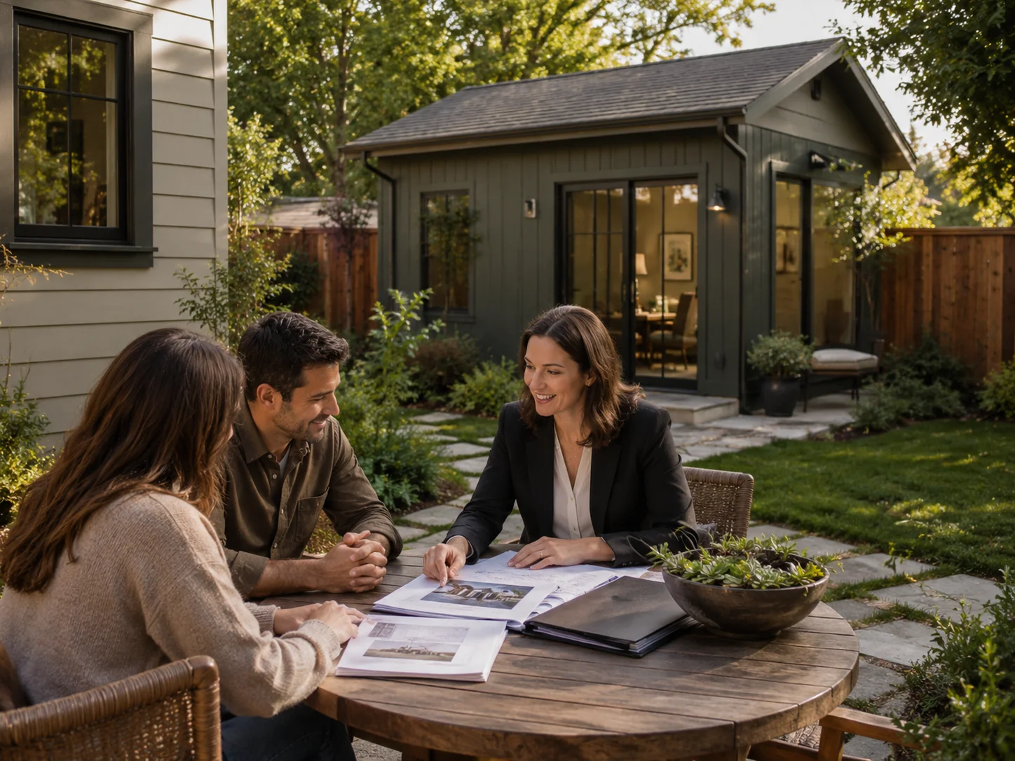 Homeowners reviewing ADU appraisal documents with a consultant outside a backyard ADU