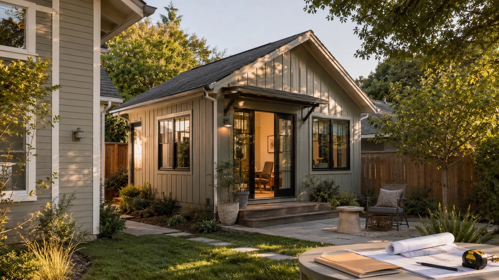 Permitted detached ADU behind a single-family home with architectural plans on a table